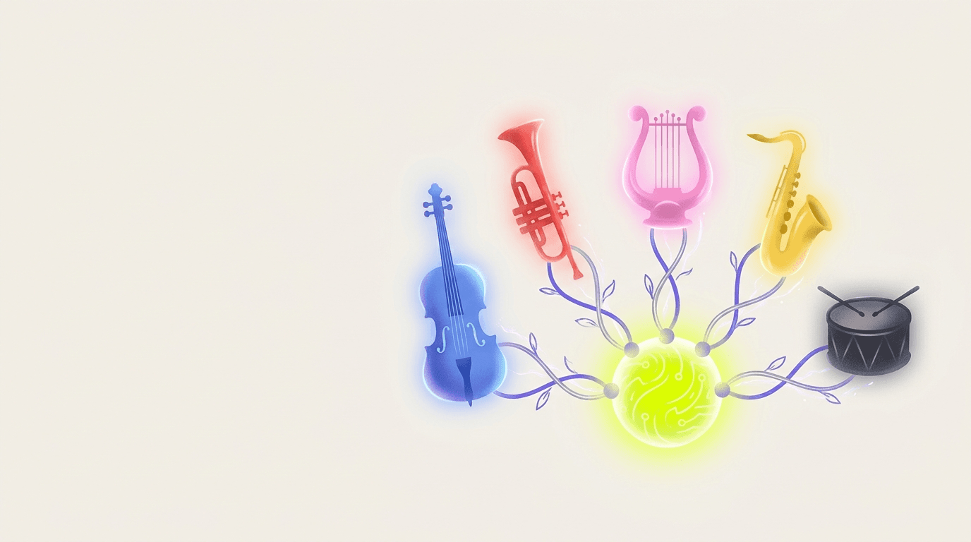 Editorial illustration of five connected ad platforms feeding into a single garden — Meta, Google, TikTok, Snap, and X each represented as distinct plants in one bed.