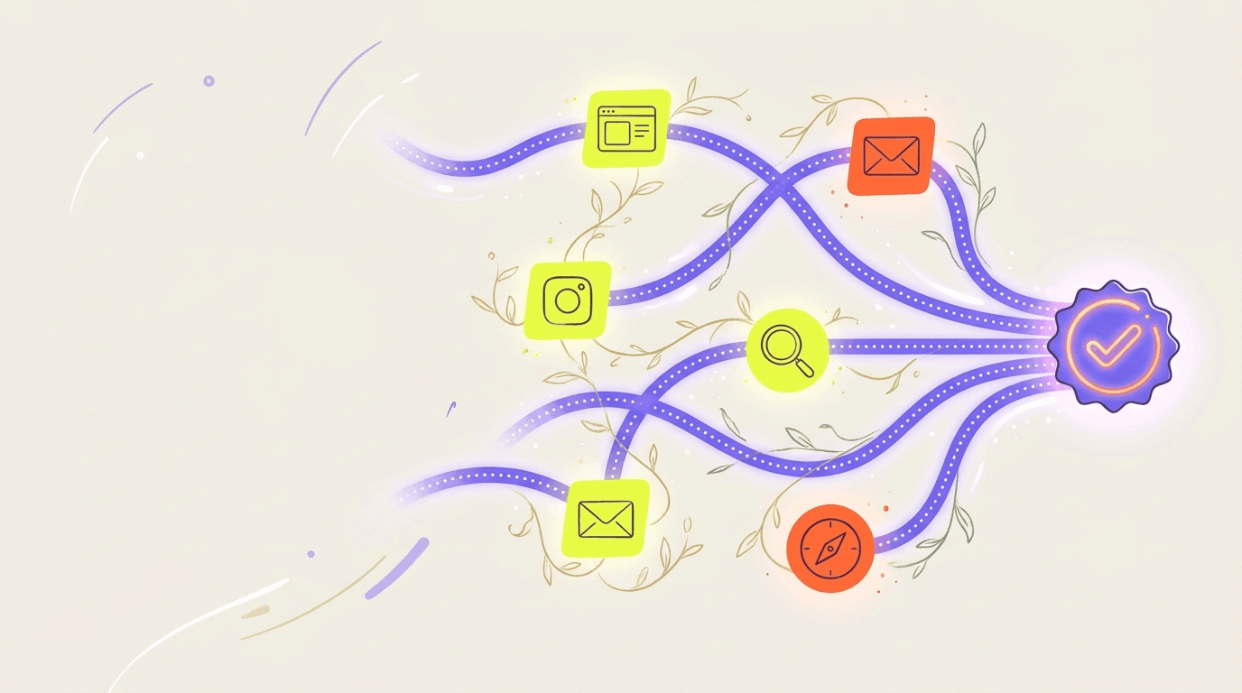 Editorial illustration of a customer journey: multiple glowing paths from different ad touchpoints converging on one final conversion node.