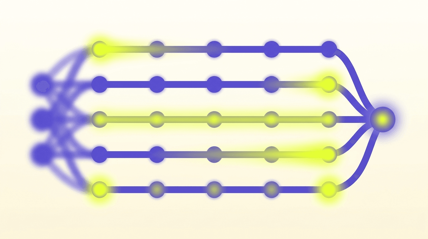 Editorial illustration comparing different attribution models with horizontal flow lines representing first-touch, last-touch, linear, time-decay, and position-based models.