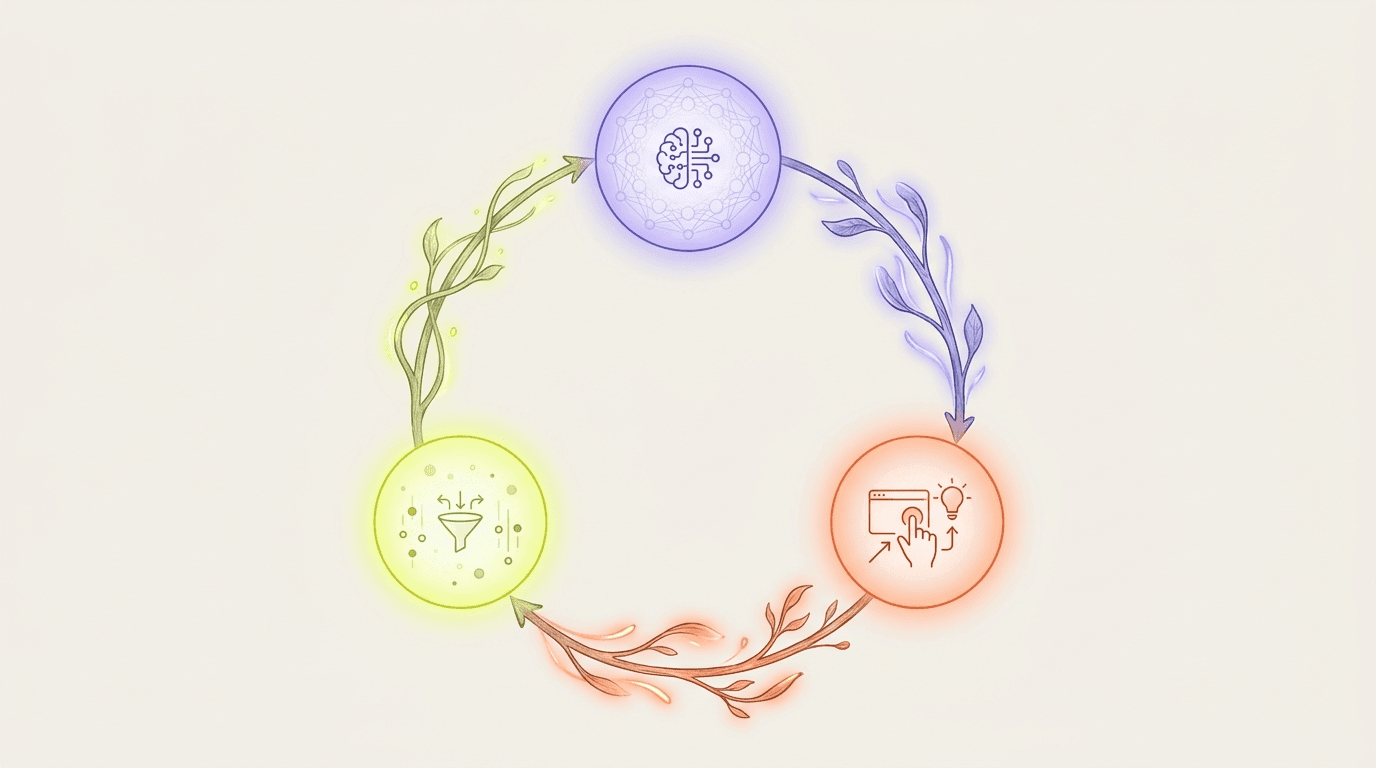 Editorial illustration of a circular feedback loop: human marketer feeds creative + signals to AI, AI surfaces insights, marketer reviews and adjusts, the cycle continues.