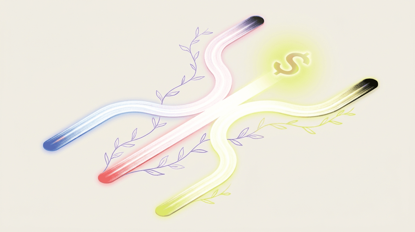 Editorial illustration showing five glowing pathways from different ad platforms converging into a single attribution point, illustrating cross-platform conversion crediting.