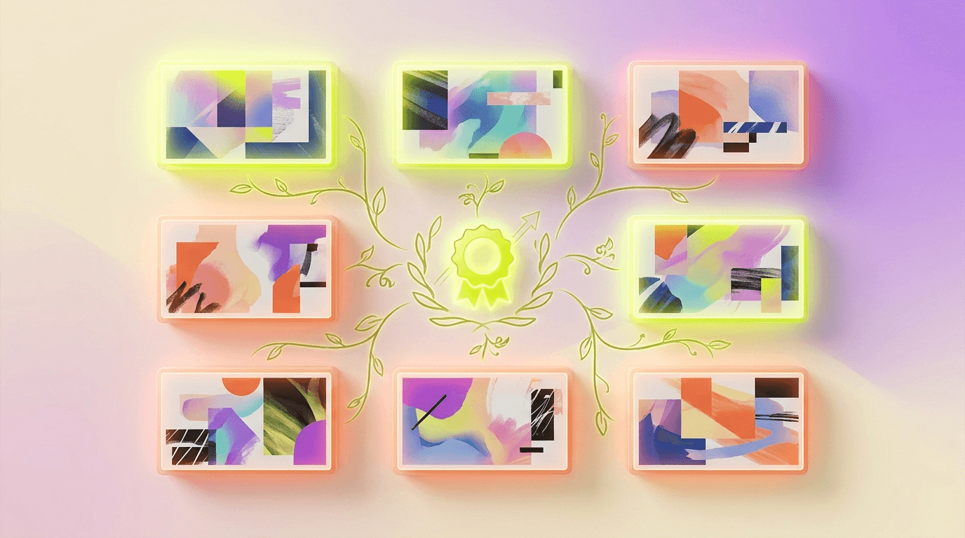 Editorial illustration of a 3x3 grid of abstract ad creatives with some glowing as performance winners and others marked as needing attention, connected by hand-drawn vine motifs.