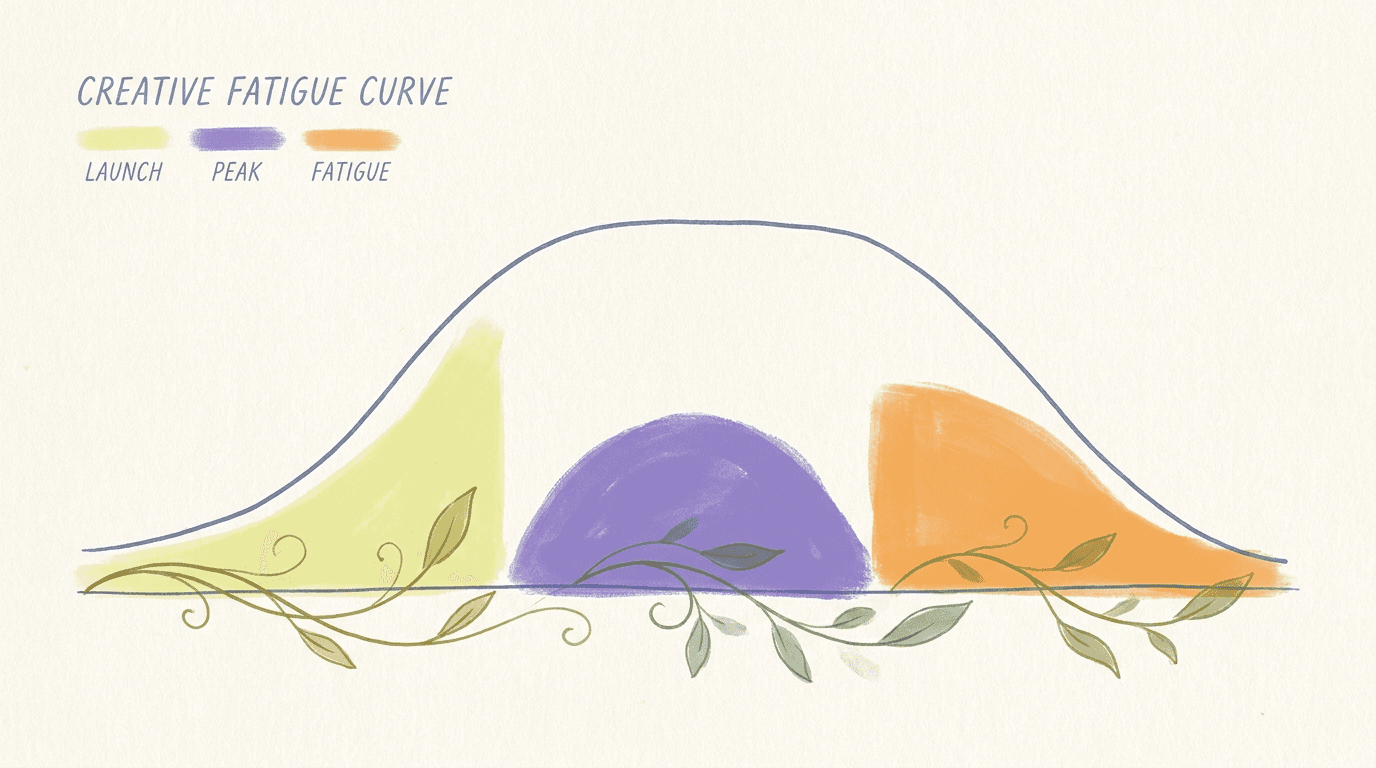 Editorial illustration of a creative fatigue curve: performance rises through launch, peaks, then declines through fatigue, drawn as a hand-illustrated line with colored zones.