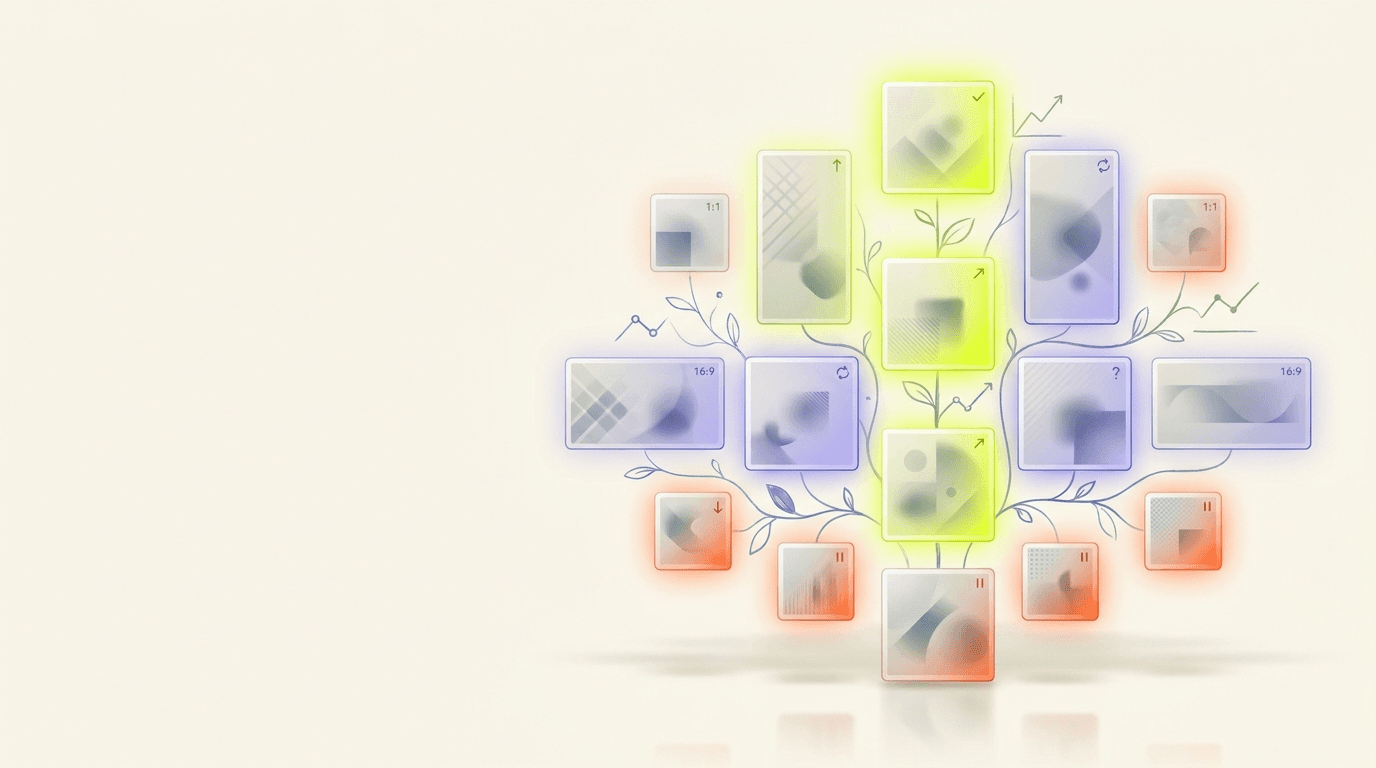 Editorial illustration of 12 abstract ad creatives arranged in a garden formation, some glowing as winners, some fading as fatiguing.