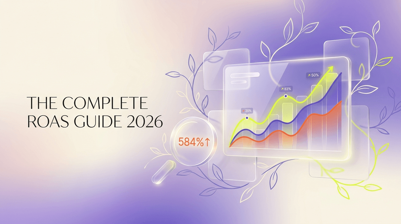 Abstract editorial illustration of a glowing ROAS dashboard with rising performance curves in lime-yellow, violet, and orange against a cream gradient background, with hand-drawn vine motifs connecting the data points.